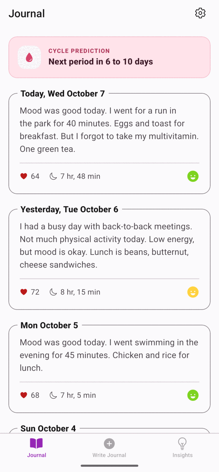 The Understory Journal screen. A banner says the next period is expected in 6 to 10 days. Below it, a card for each day shows a short entry, heart rate, hours of sleep and a mood face.
